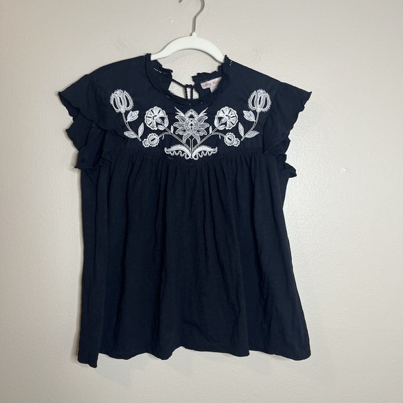 Black White Embroidered Top Floral Boho Classic Knox Rose Flutter Sleeve Cottage - Picture 2 of 6